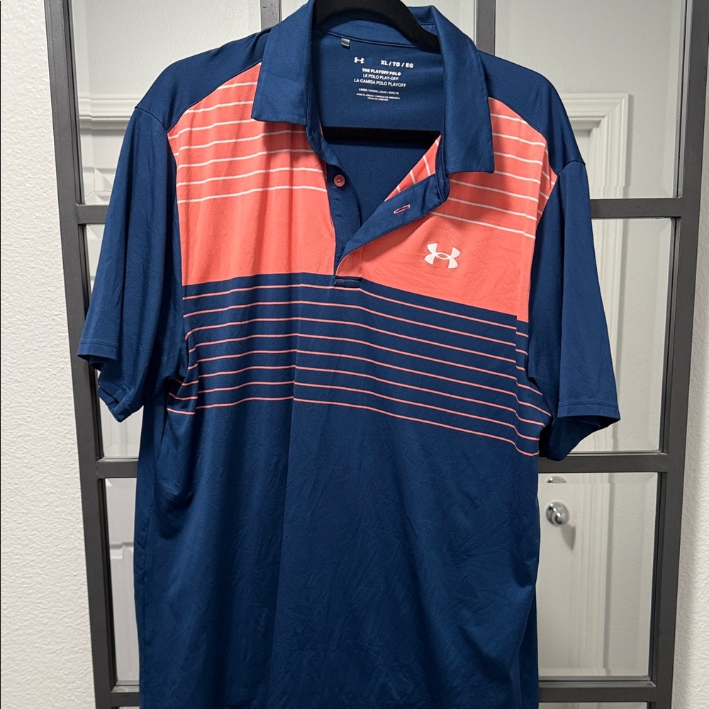 Under Armour Men's Navy and Coral Striped Polo Shirt
